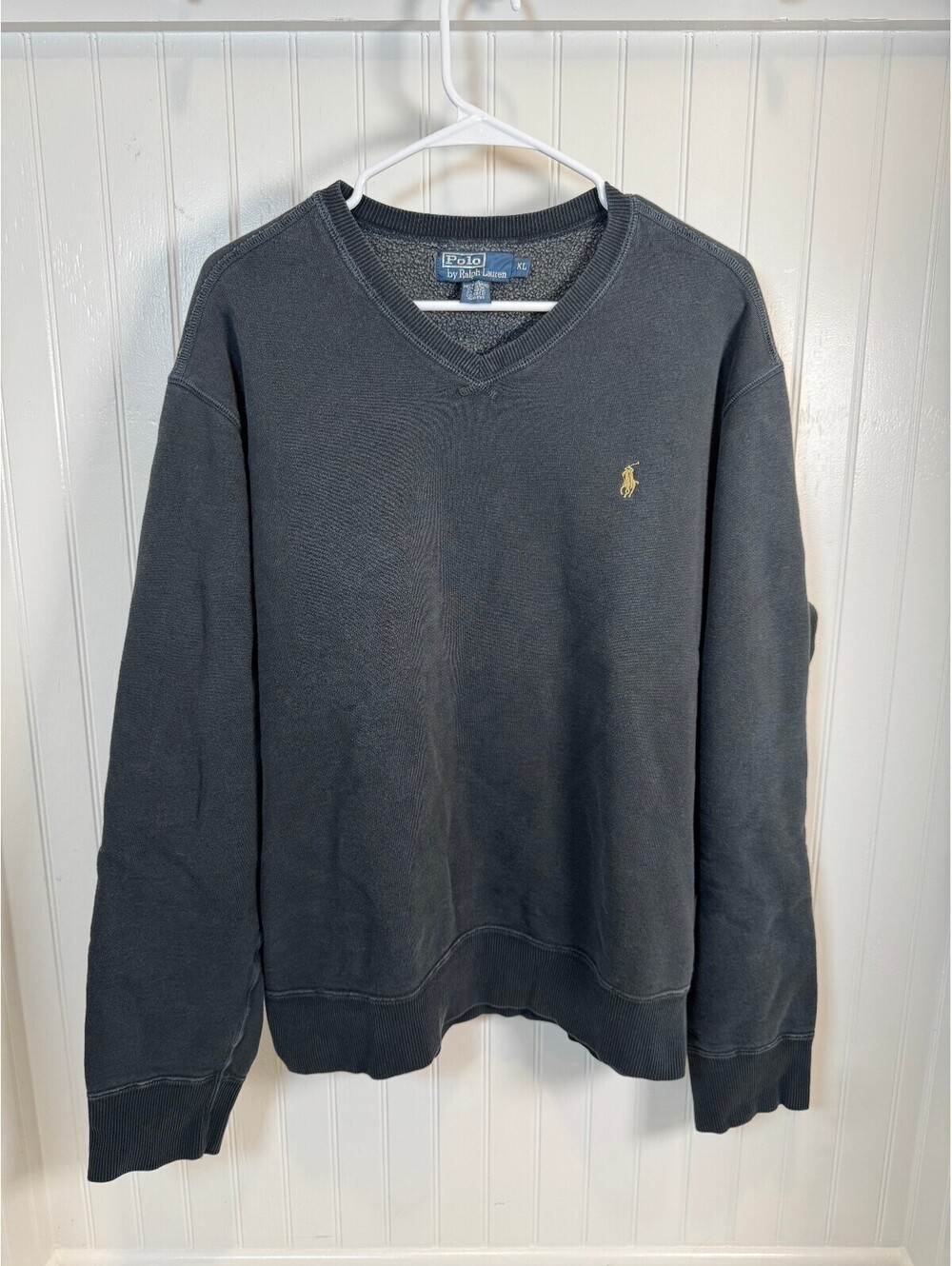 Vintage Polo by Ralph Lauren Men's XL Black V-Neck Sweatshirt with Pony Logo
